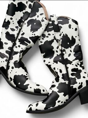 Black & White Cow Print Mid-Calf Western Boots